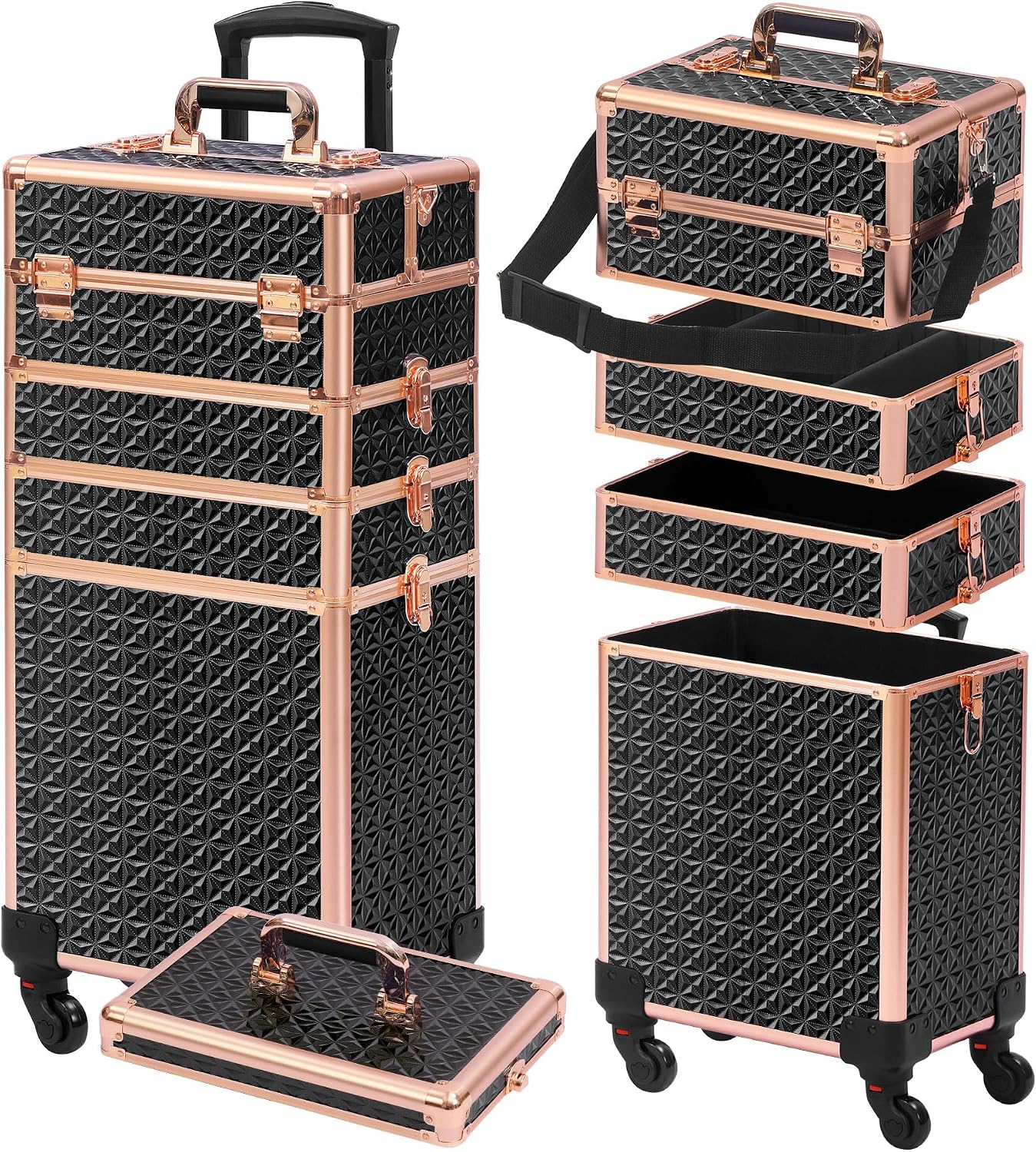 Makeup Organizer - Black‑Gold 5‑in‑1 Rolling Makeup Train Case