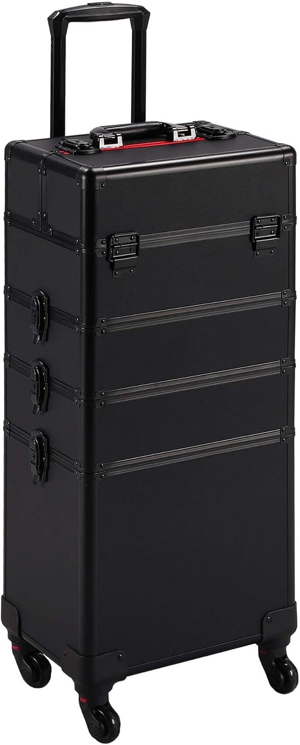 Makeup Organizer - Black 4‑in‑1 Lockable Rolling Makeup Train